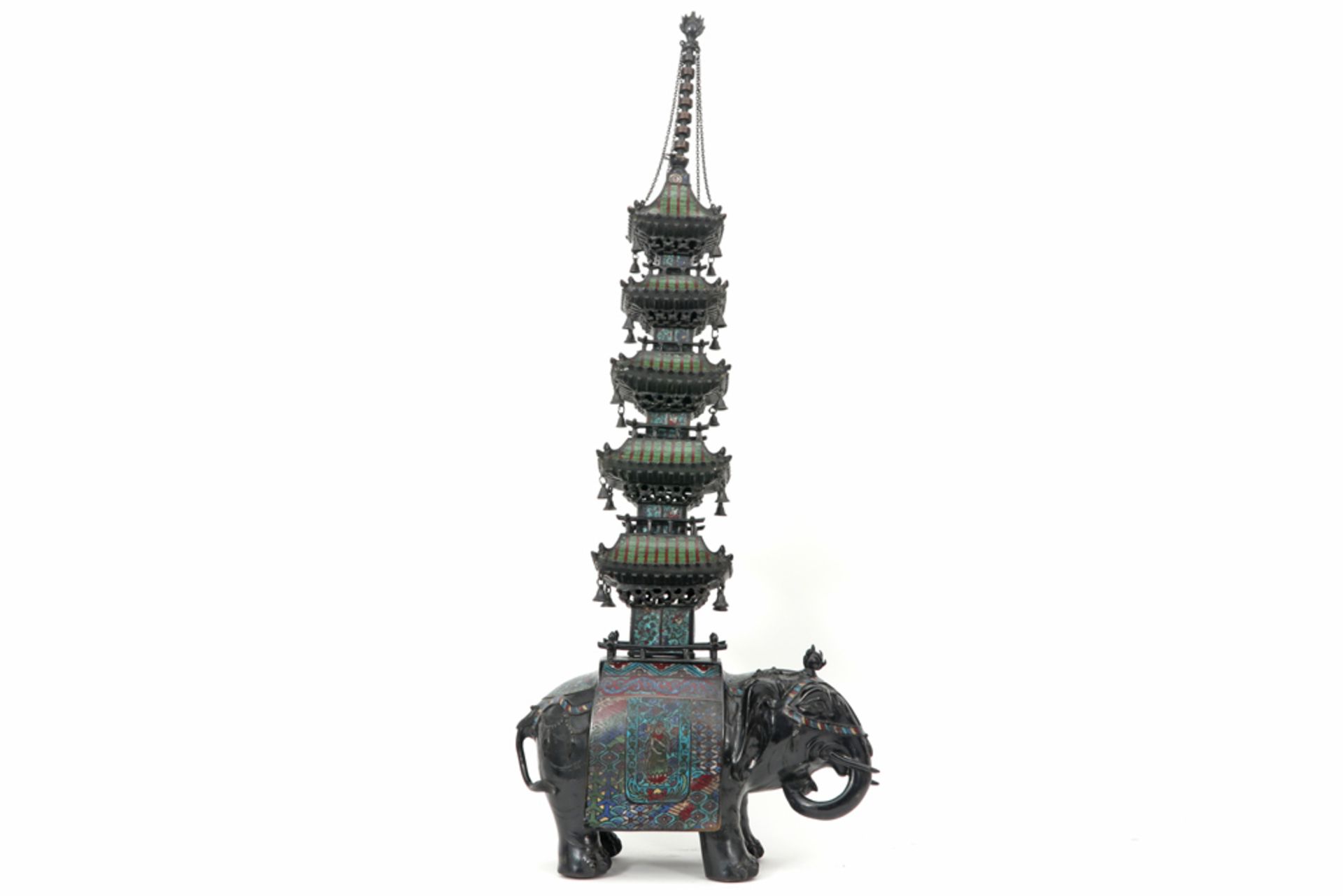 antique Chinese incense burner in bronze with cloisonné in the shape of a pagoda on an elephant || - Bild 4 aus 7