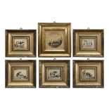 series of six antique prints each with an animal scene || Reeks van zes ingekaderde antieke gravures