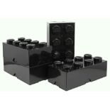 four black stackable "Lego" marked storage boxes || Vier zwarte, stapelbare "Lego" - opbergdozen -