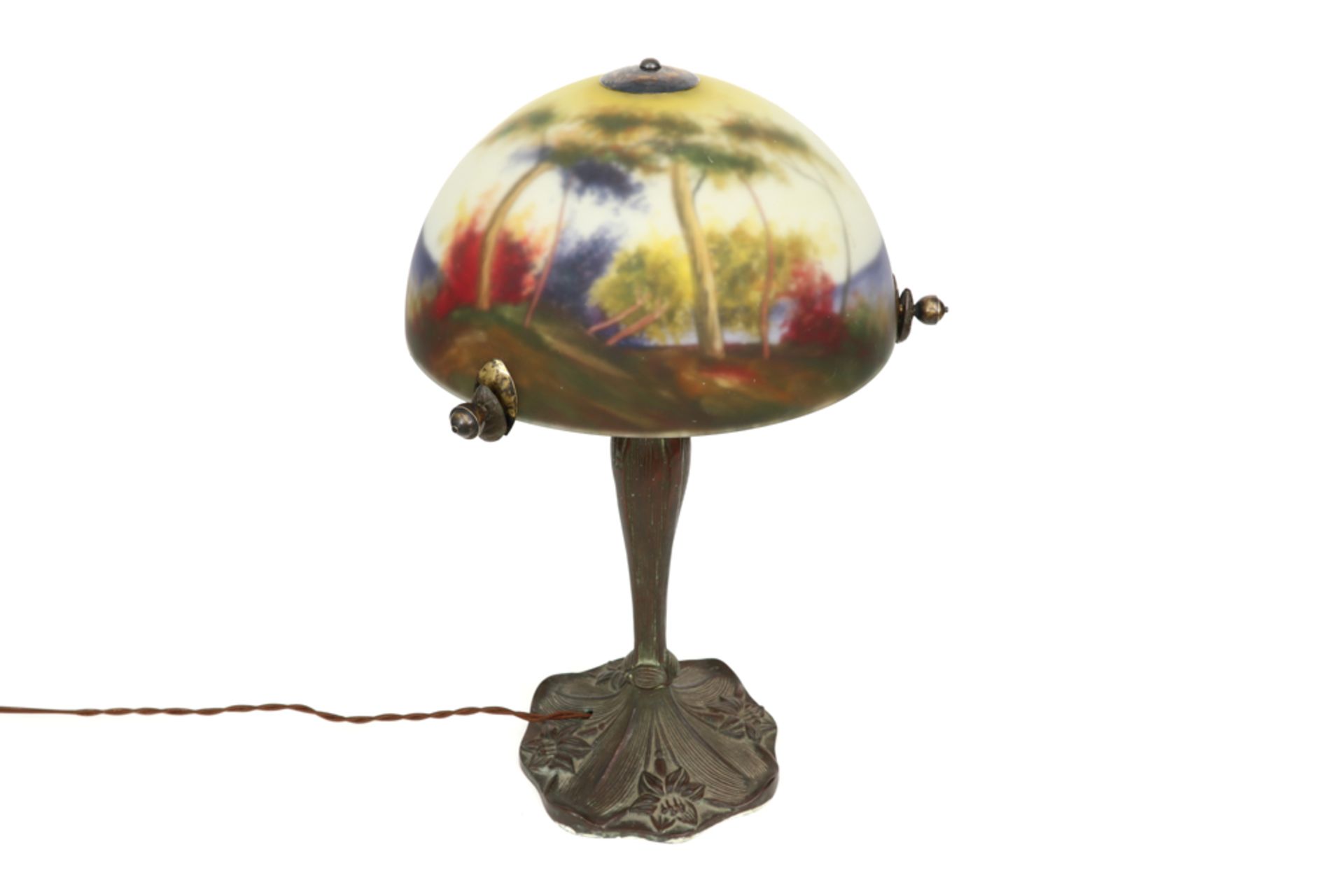 nice lamp with its base in bronze and its shade in glass with a polychrome landscape decor || - Image 3 of 3