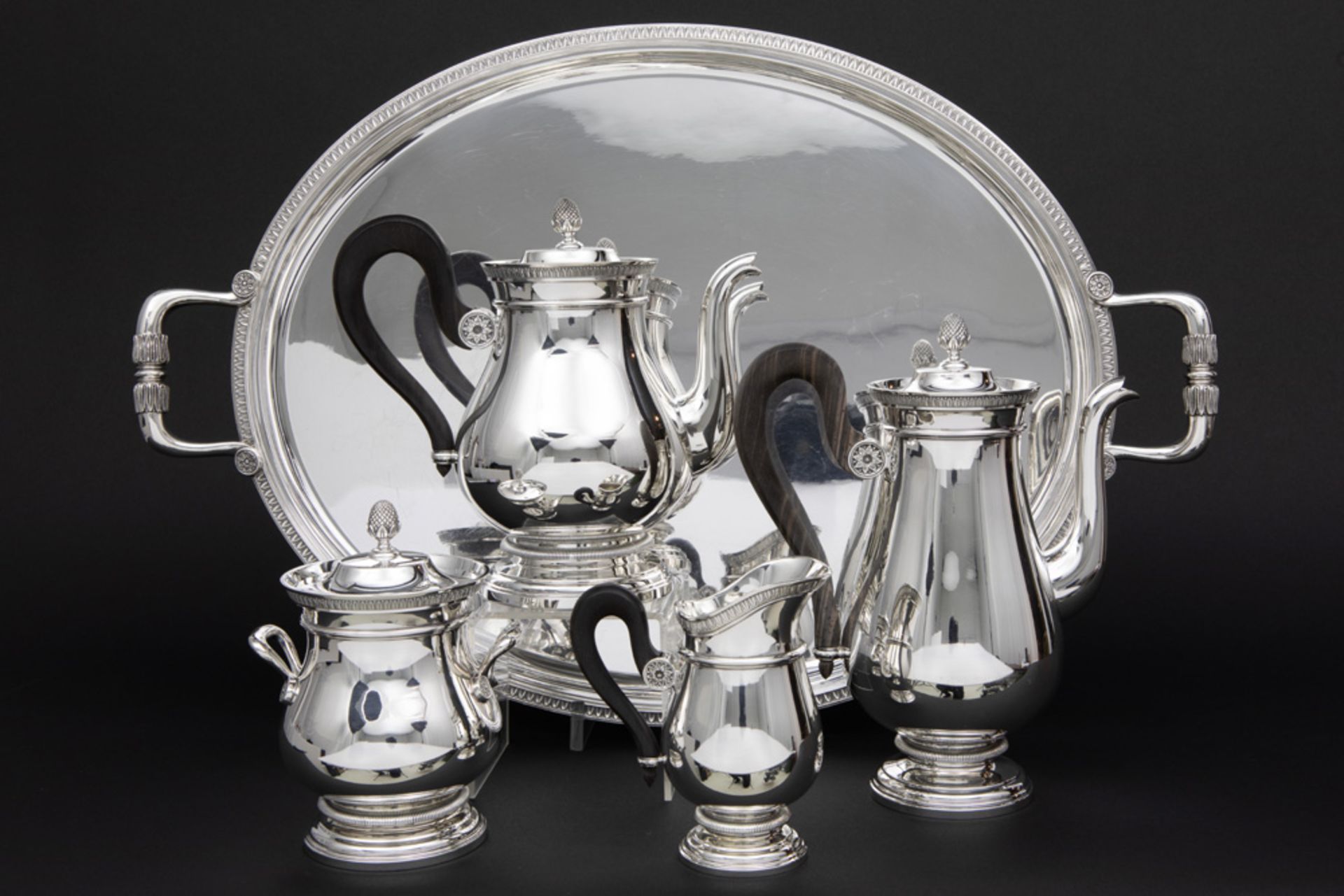 French Cardeilhac signed coffee and teaset on its oval tray in marked silver with a neoclassical