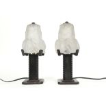 rare pair of Degué Compiègne signed Art Deco lamps in wrought iron and satinated crystal-glass ||