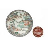 antique Japanese porcelain big round dish with polychrome decor and an antique Japanese porcelain