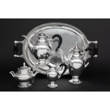 4pc coffee and teaset on its oval (serving)-tray in Dirk Aubert marked silver || DIRK AUBERT