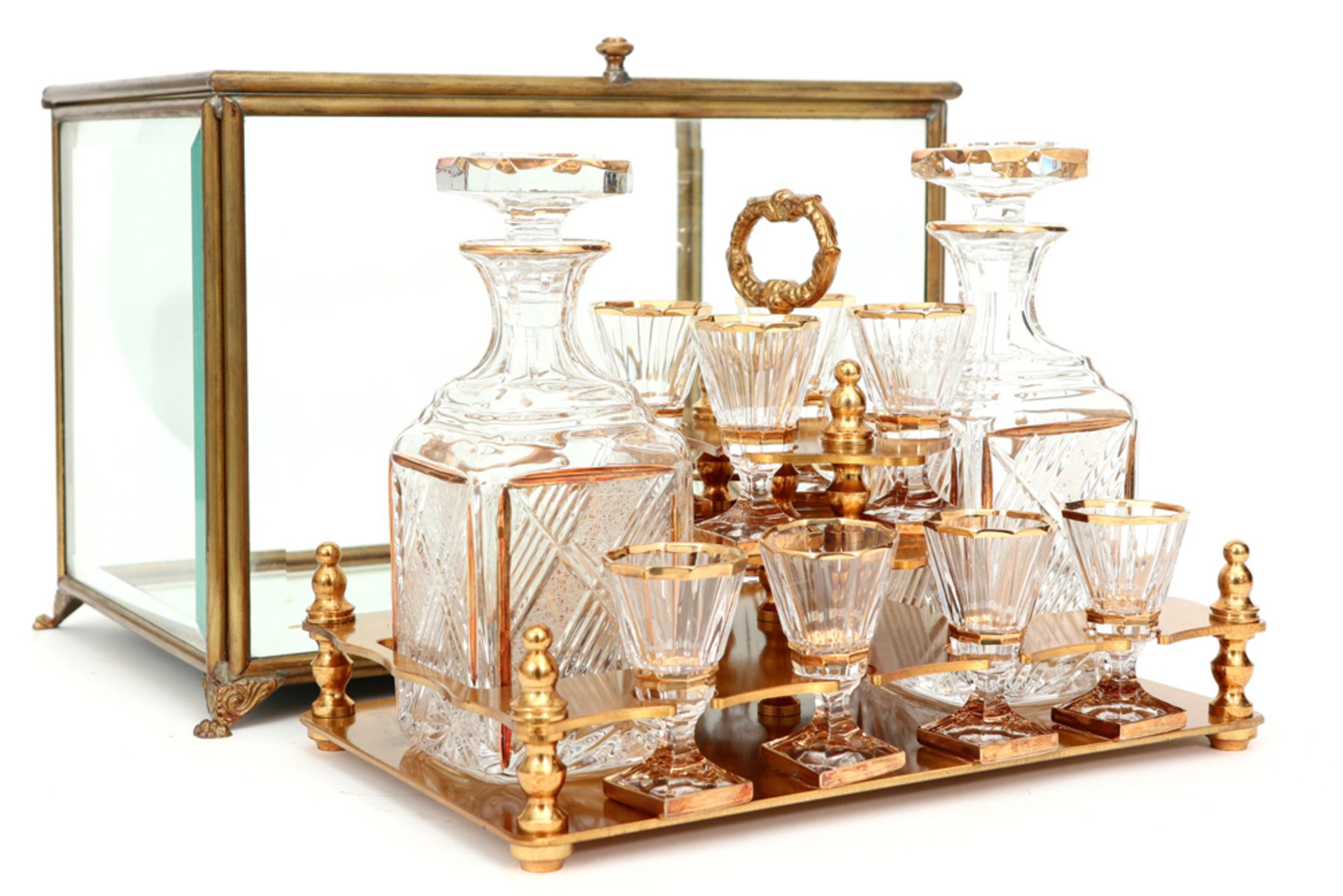 19th Cent. licquor cabinet with case in glass and brass and with its original content of glasses and - Image 4 of 4