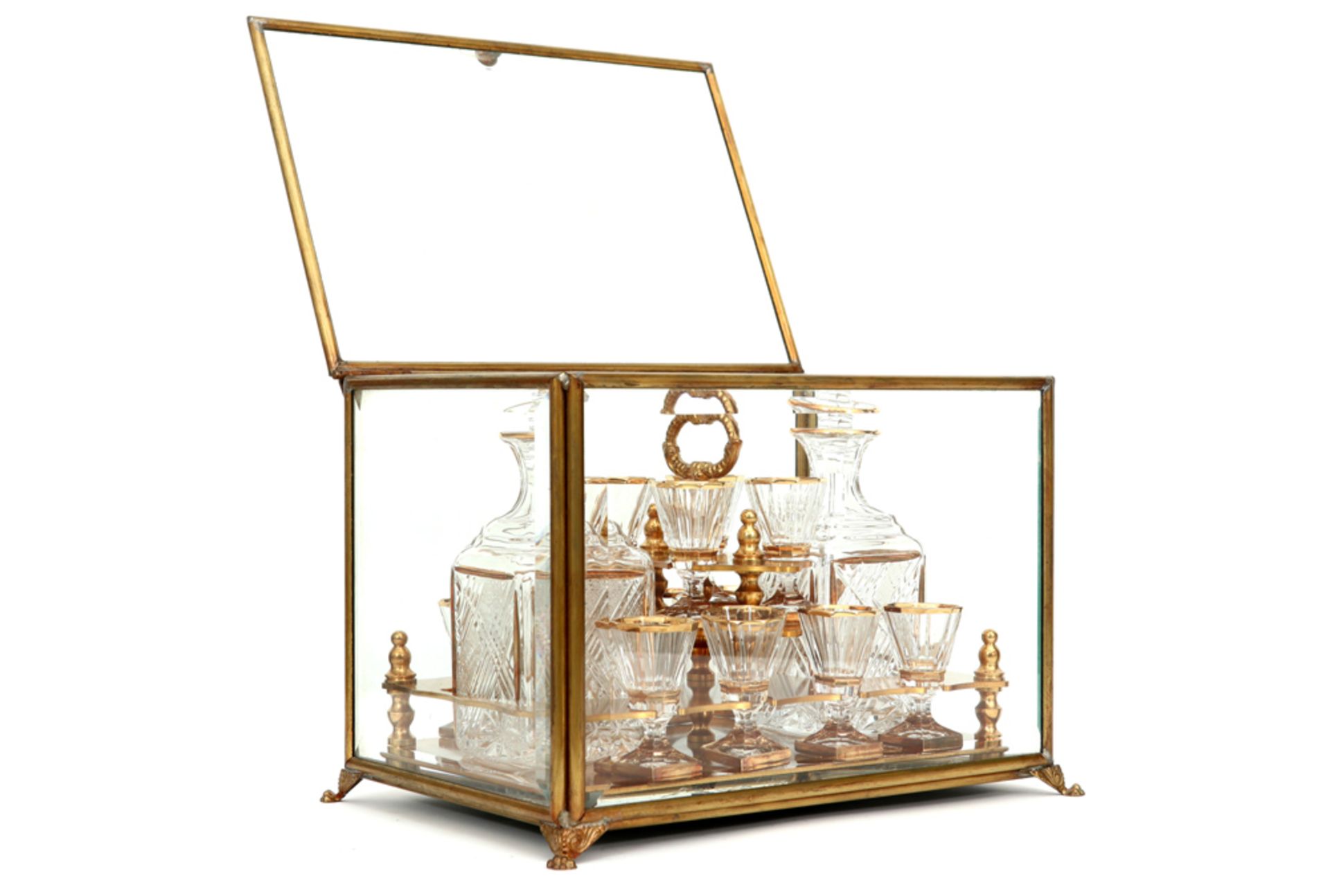 19th Cent. licquor cabinet with case in glass and brass and with its original content of glasses and - Bild 3 aus 4