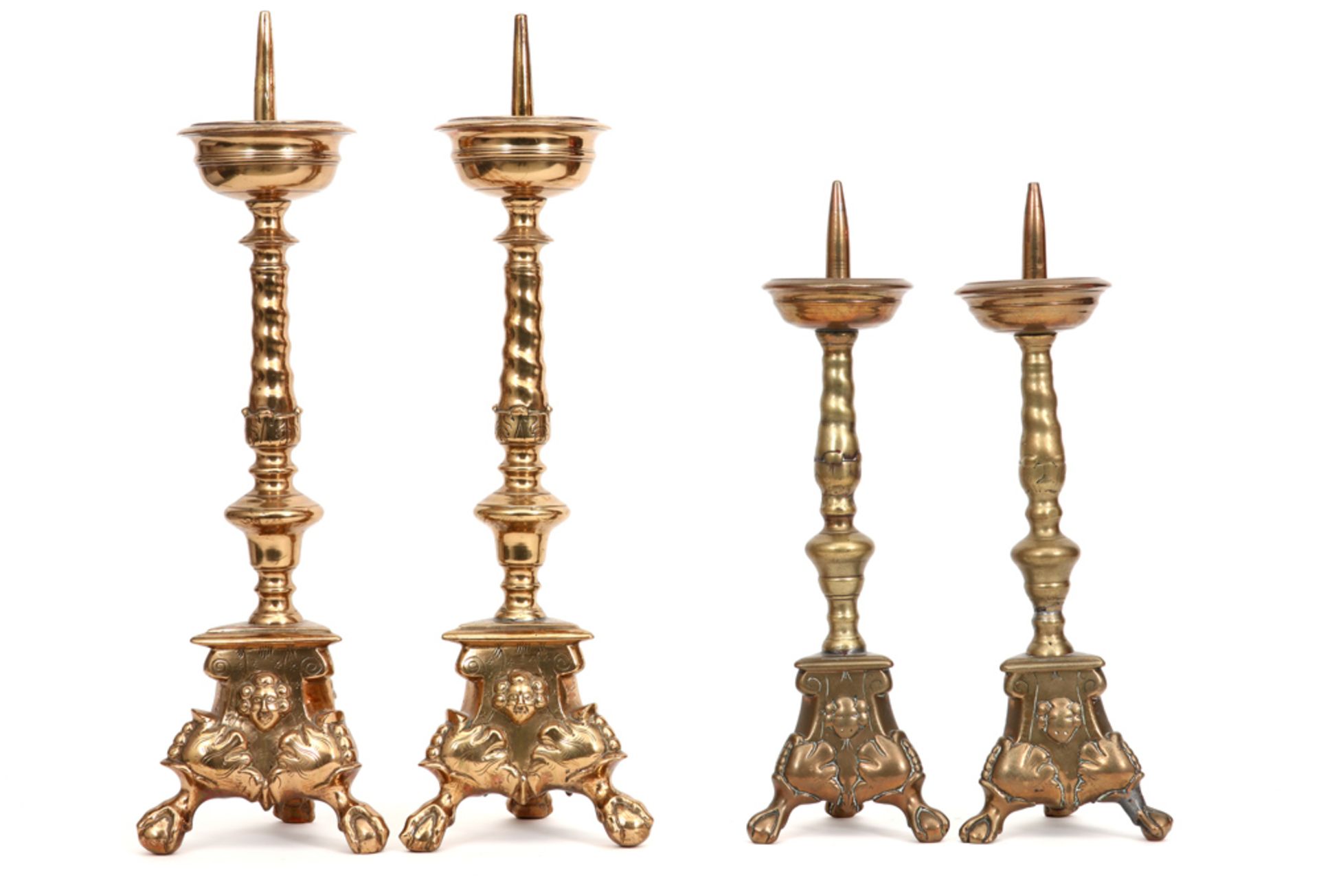 two pairs of brass 17th Cent. Flemish candlesticks with certificate and buyer's note of antique - Image 2 of 3