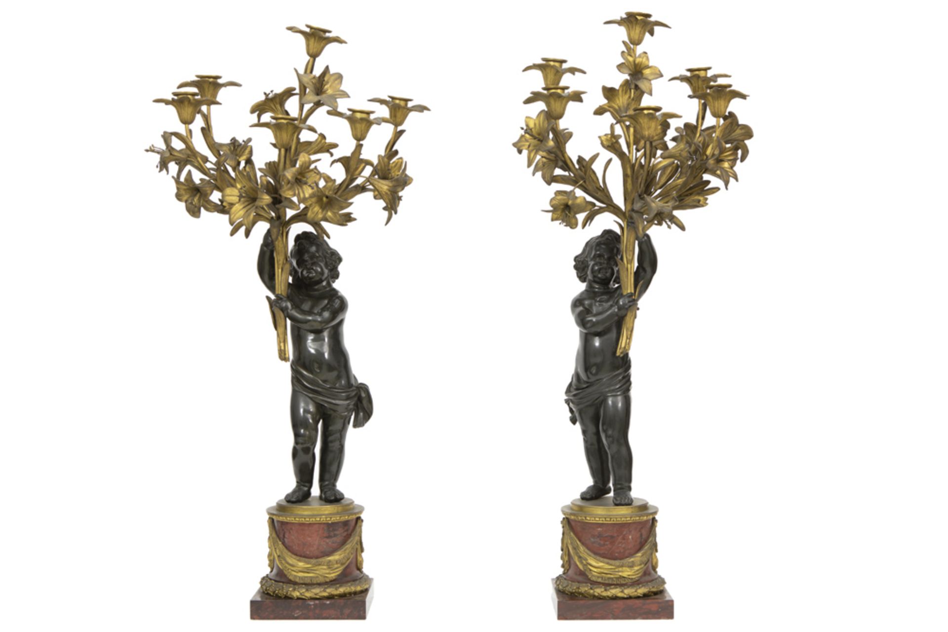 quite impressive 19th Cent. French garniture in red marble and partially guilded bronze : a pair - Image 6 of 7