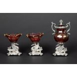 19th Cent. Belgian 3pc cruet set in red Bohemian crystal and marked silver || MONOYER NICOLAS