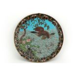 big antique Japanese Meiji period cloisonne dish with a landscape decor with eagle || Grote ronde