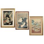 three antique Japanese woodcuts, two by Kunisada and one by Chikanabi || Lot van drie antieke