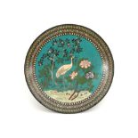 big antique Japanese Meiji cloisonne dish with a landscape decor with crane || Grote ronde antieke