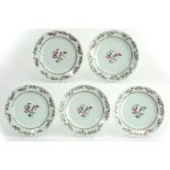 set of five 18th Cent. Chinese plates in porcelain with Famille Rose decor with bird and