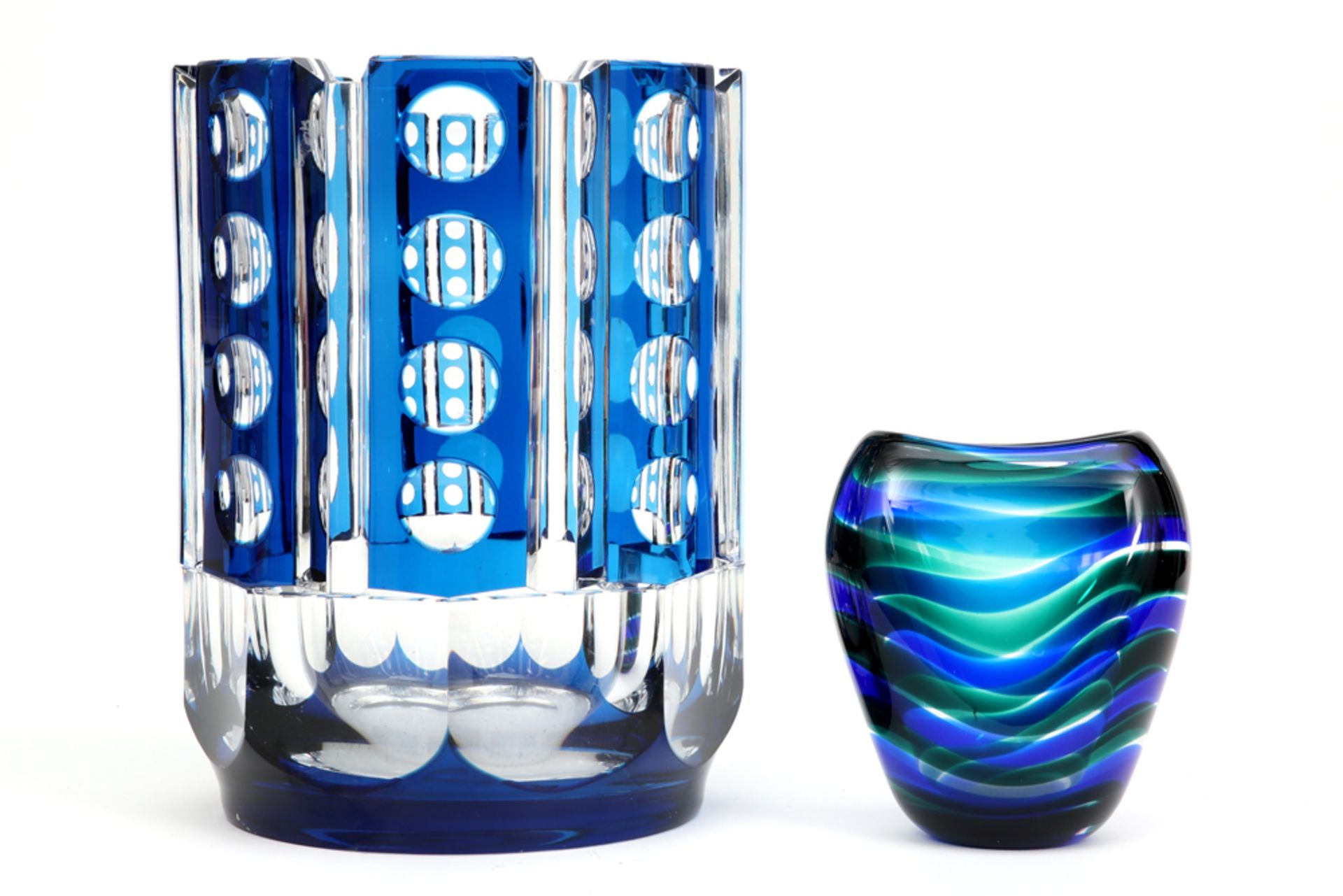 Belgian Art Deco vase in crystal VSL and a small fifties' Dutch vase in glass marked Leerdam ||