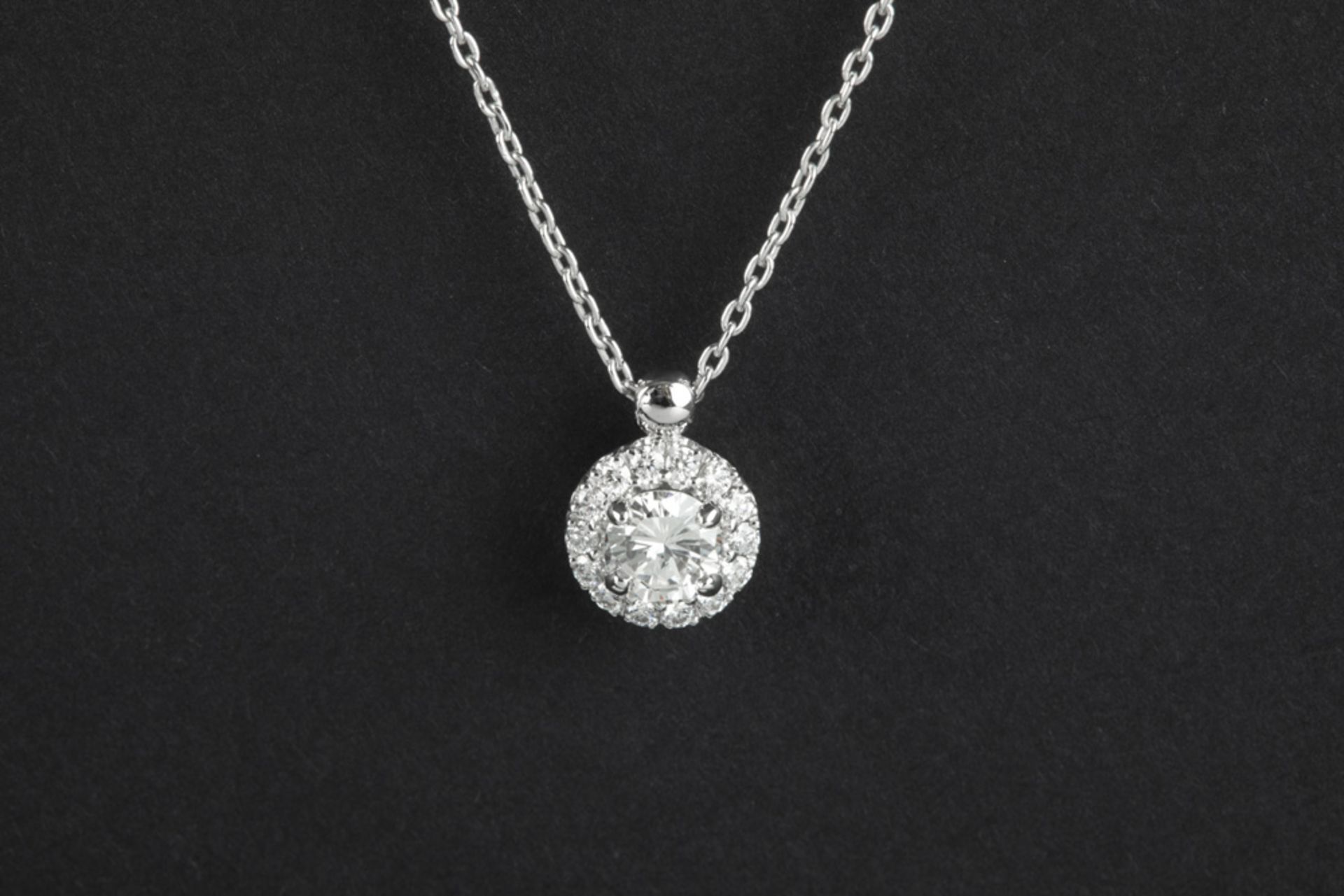 round pendant in white gold (18 carat) with a ca 0,30 carat high quality brilliant cut diamond