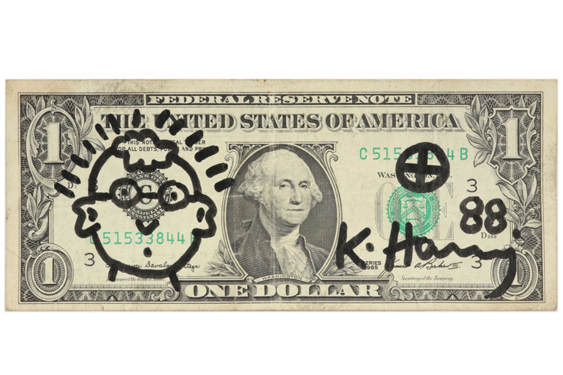 Keith Haring drawing on a "One dollar" banknote - signed and dated (19)88 with certificate by