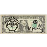 Keith Haring drawing on a "One dollar" banknote - signed and dated (19)88 with certificate by