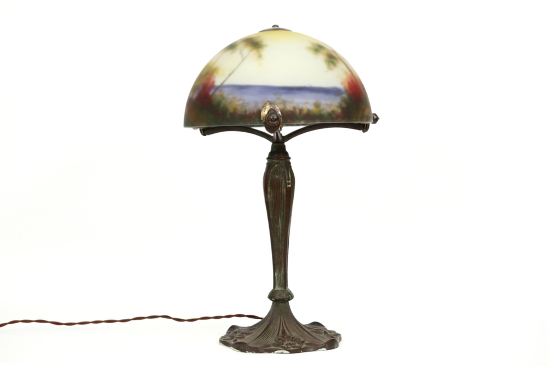 nice lamp with its base in bronze and its shade in glass with a polychrome landscape decor || - Image 2 of 3