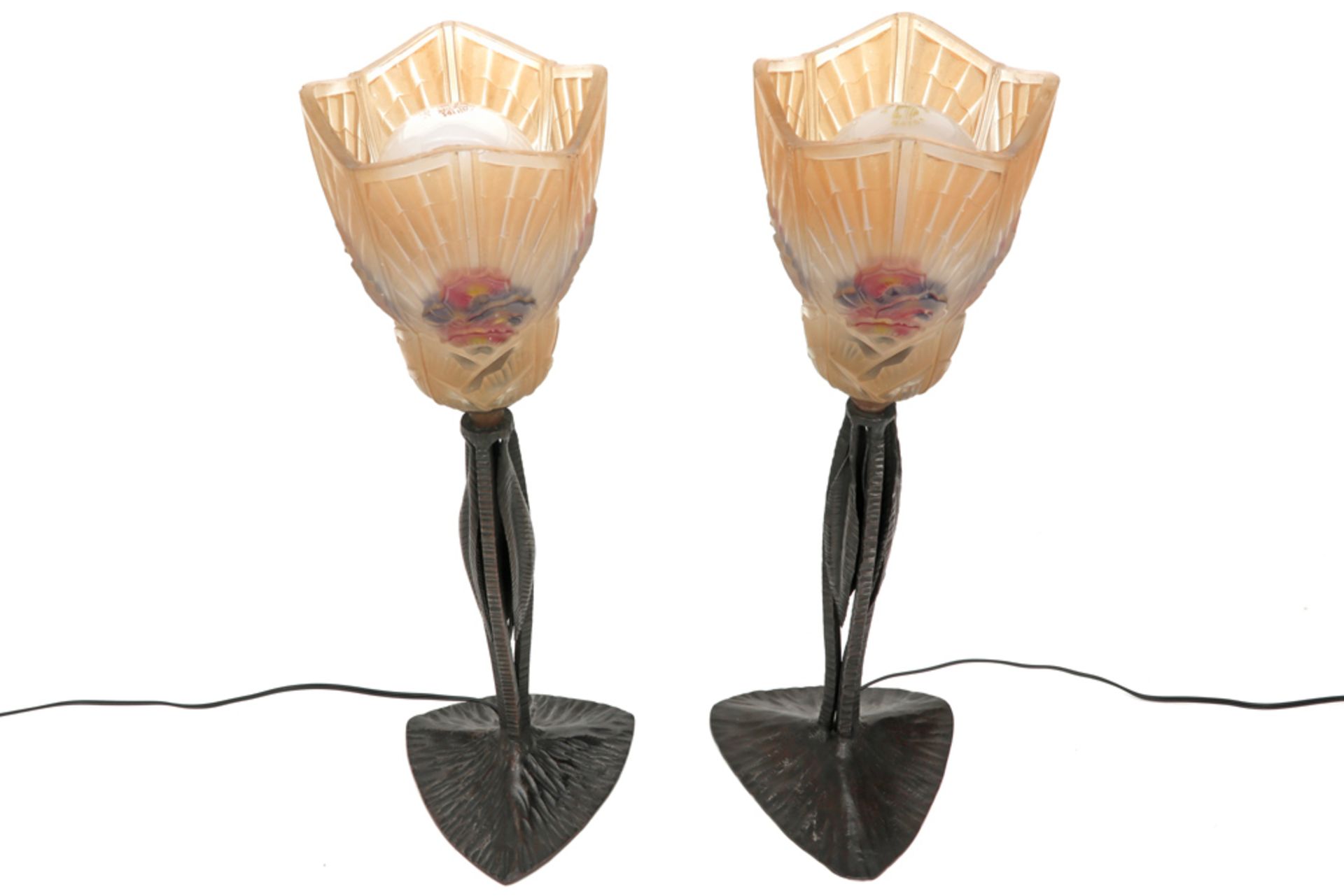 rare pair of typical "Robert" Art Deco lamps in wrought iron (of which one is marked) and - Image 3 of 4