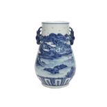 antique Chinese deer head grips vase in marked porcelain with a blue-white landscape decor ||