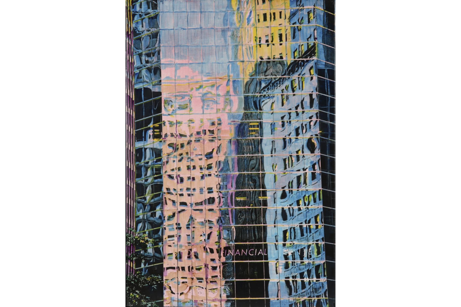 21st Cent. Belgian "Hazy financial Center" screenprint on canvas - signed Marnix Verstraeten and