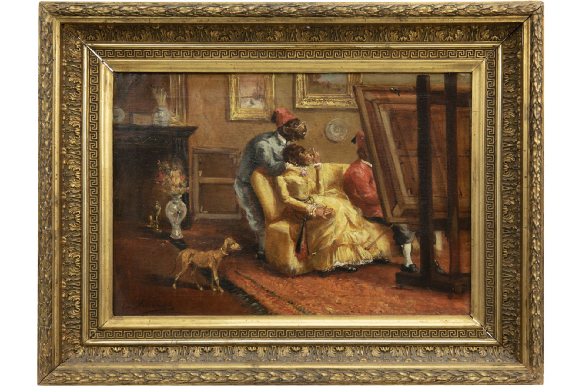 19th Cent. Belgian oil on canvas with a typical satirical theme with monkeys - signed Emmanuel - Image 3 of 4