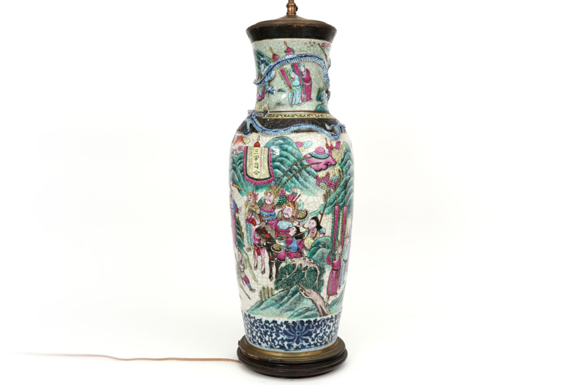 quite big antique Chinese Nankin style vase in porcelain with a polychrome decor with warriors -