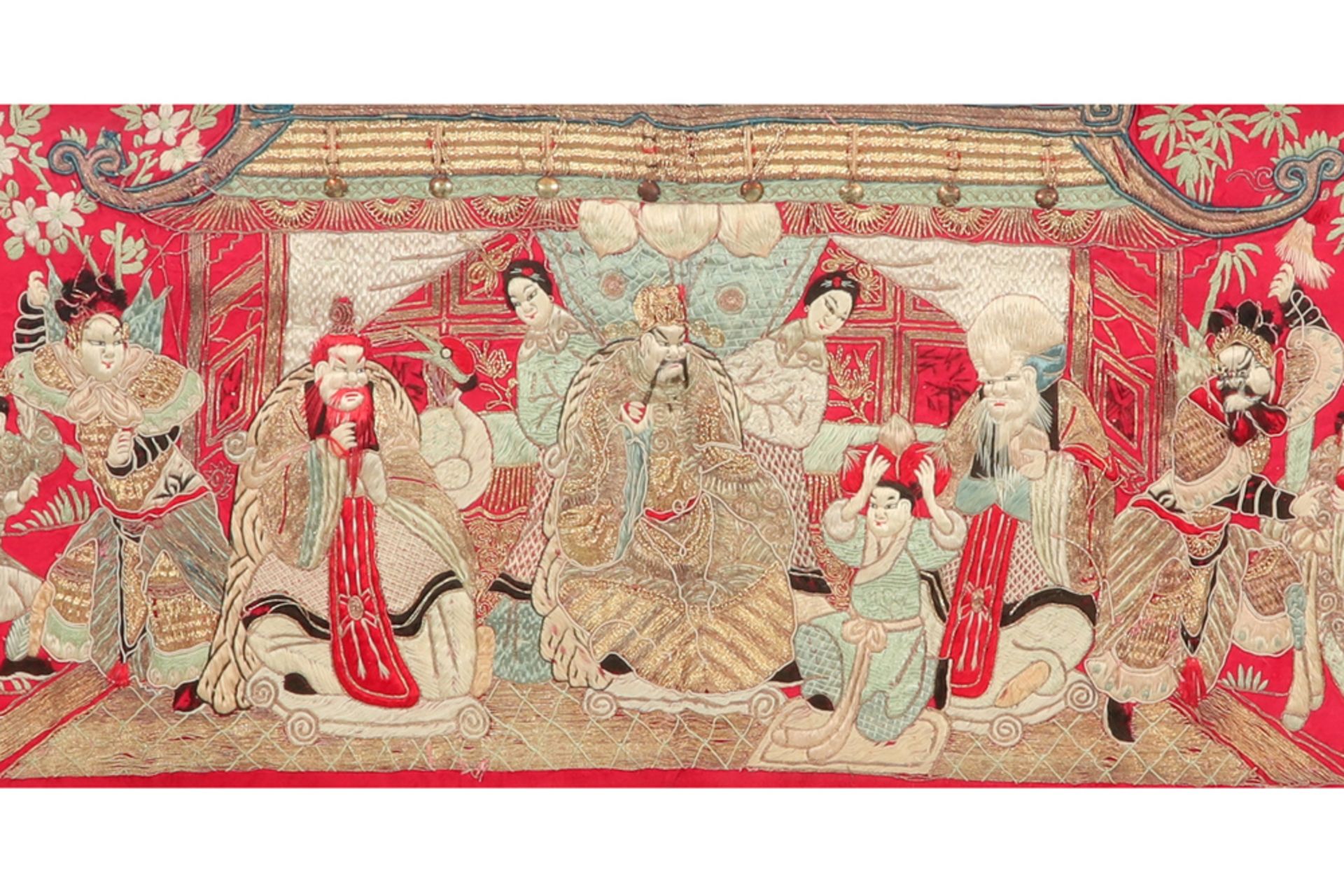 framed Chinese embroidery (with gold threats) : "Court scene with the emperor in the center under - Image 2 of 3