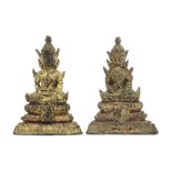 two antique Siamese Rattanakossinperiod "Buddha" sculptures in bronze with remains of the original