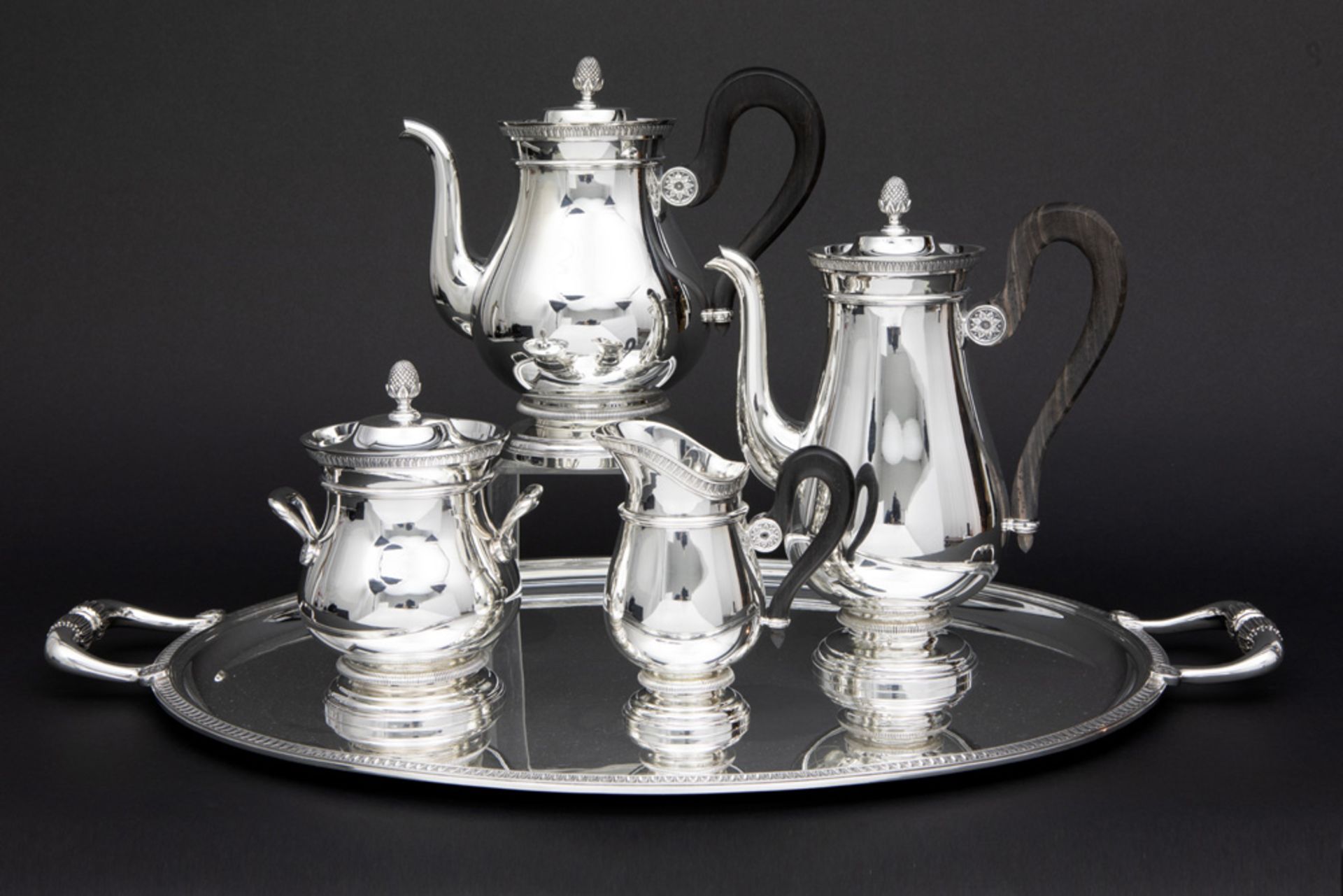 French Cardeilhac signed coffee and teaset on its oval tray in marked silver with a neoclassical - Image 2 of 4