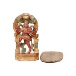 Indian Hindu sculpture in polychromed wood and a piece of stone with cuneiform || Lot met een