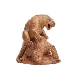 small Chinese sculpture in bone (?) : "Animal attacked by a feline" with engraved character