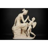 antique sculpture in alabaster with a mythological scene with Venus and Amor || Antieke sculptuur in