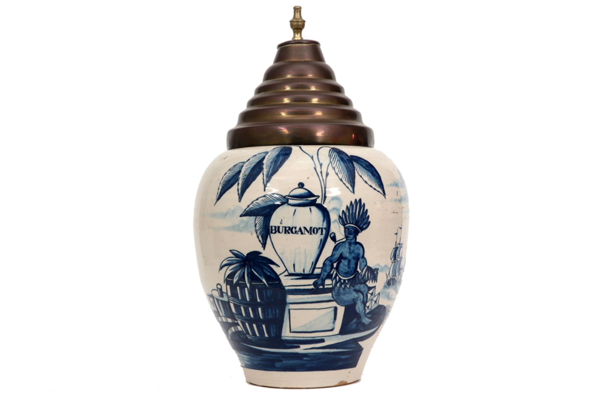 18th Cent. tobacco jar in ceramic from Delft, marked " BP ", with a blue-white "Burgamot" decor -