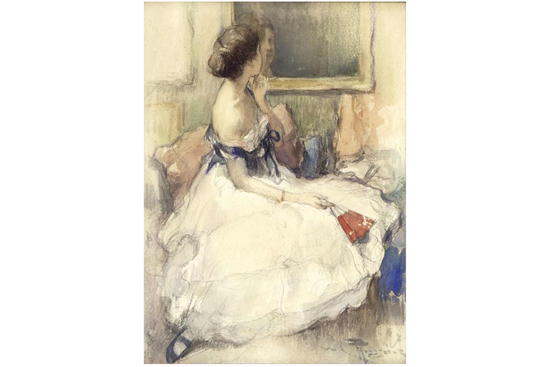 20th Cent. Belgian Fernand Toussaint signed mixed media with watercolor and pencil || ROUWKOOP