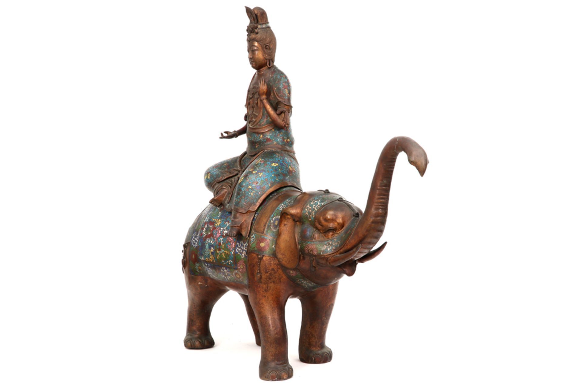 big (91 cm high) antique Chinese sculpture in bronze with cloisonne representing Quan Yin on an - Image 3 of 4