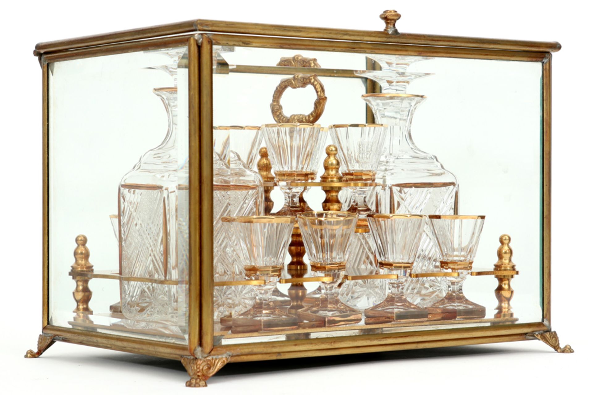 19th Cent. licquor cabinet with case in glass and brass and with its original content of glasses and - Bild 2 aus 4