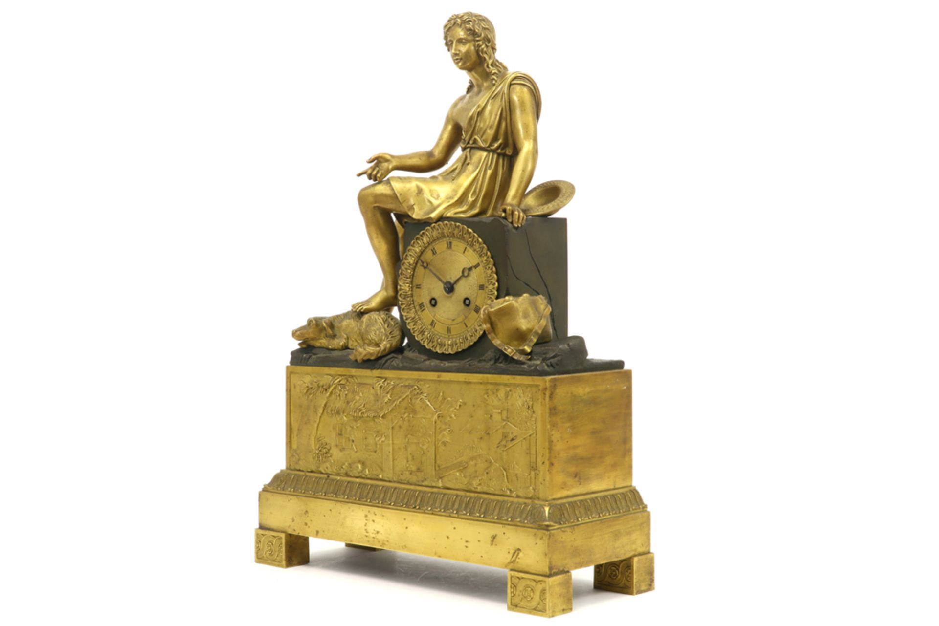 early 19th Cent. French clock in partially gilded bronze with a "Young man with dog" sculpture and a - Image 2 of 4