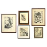 five prints by different artists||Lot met vijf stuks ingekaderde grafiek van verschillende