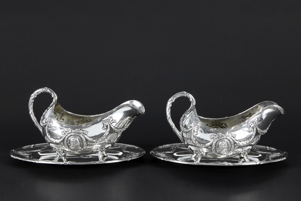 pair of antique neoclassical sets of sauce boat and oval plate in marked Hanau silver, imported by