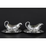 pair of antique neoclassical sets of sauce boat and oval plate in marked Hanau silver, imported by