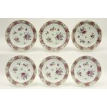 series of six 18th Cent. Chinese dishes in porcelain with a 'Famille Rose' flowers decor||Reeks