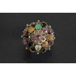 antique ring in pink gold (18 carat) with several precious stones such as emerald, ruby and