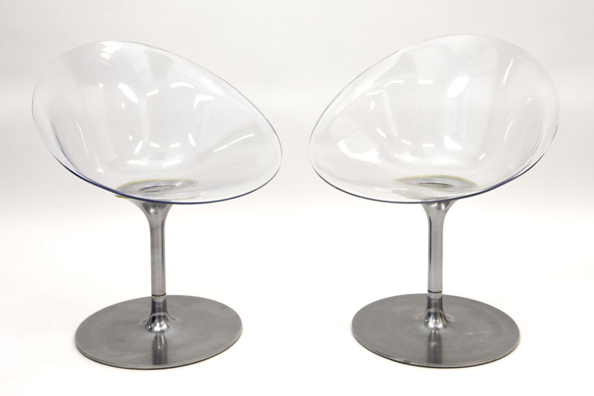 two Philippe Starck Eros design chairs in plexi and steel made by Kartell - marked||PHILIPPE