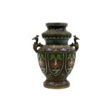 antique Japanese late Meiji period vase in bronze with champlevé enamel ornamentation||Antieke