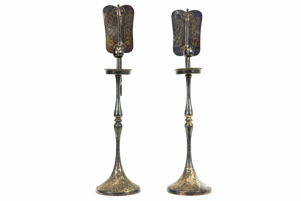 pair of 'antique' oriental (China, Korea ?) silverplated candlesticks, each with a reflecting
