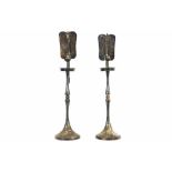 pair of 'antique' oriental (China, Korea ?) silverplated candlesticks, each with a reflecting