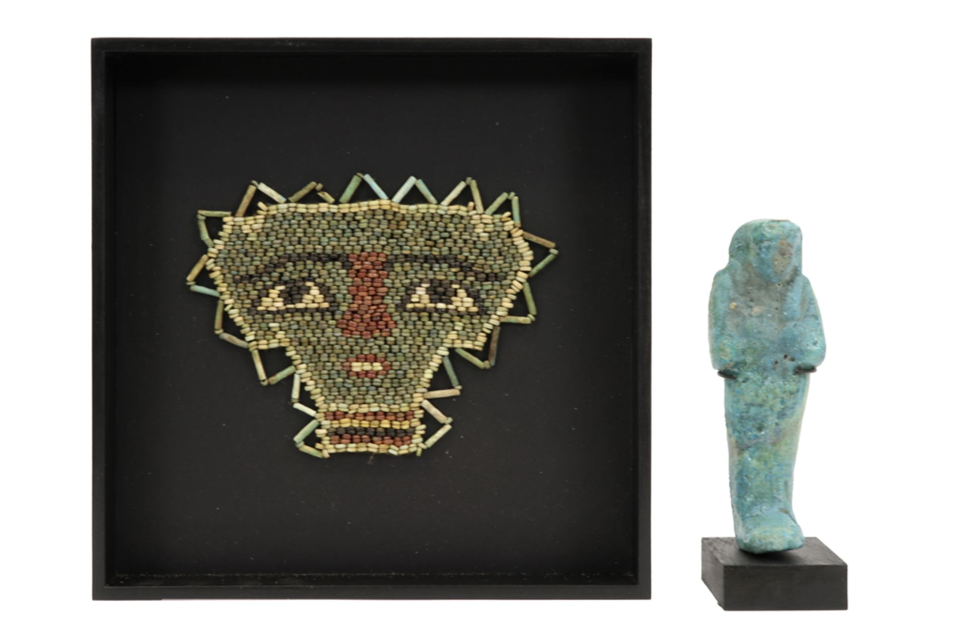 two Ancient Egyptian 26th to 30th dynasty items : a mask made from colourfull beads in ceramic and