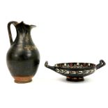 two Ancient Greece Culture items from Gnatha in the south of Italy : a oinochoe and a kylix in black