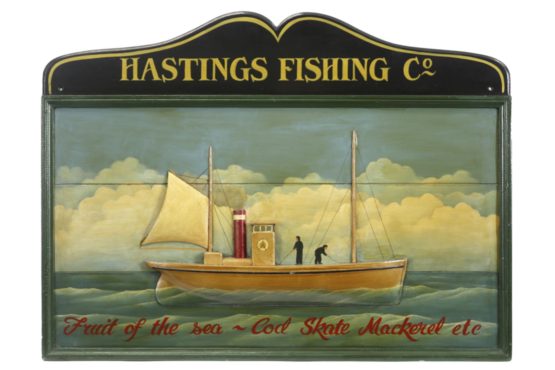 English vintage "Hastings fishing Company" publicity board in painted wood||Engels vintage